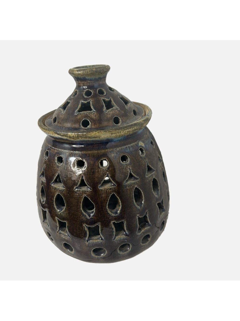 Studio Art Pottery Jar Lidded Artisan Signed Stoneware Glaze Open Design Brown